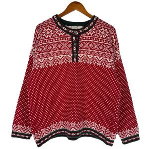 LL Bean Nordic Fair Isle Sweater Henley Red Green White Cotton XL Heavy Knit